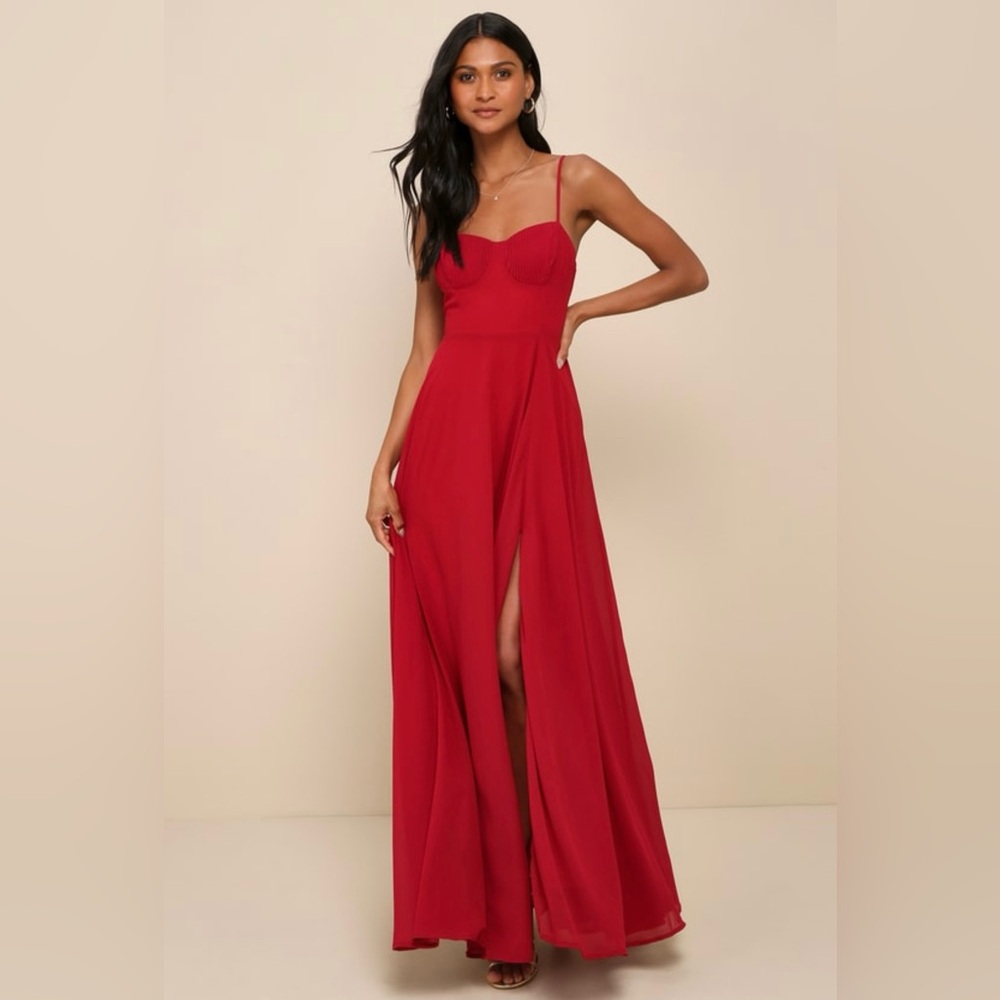 Lulu's Red Maxi Dress with Sweetheart Bodice and Thigh Slit